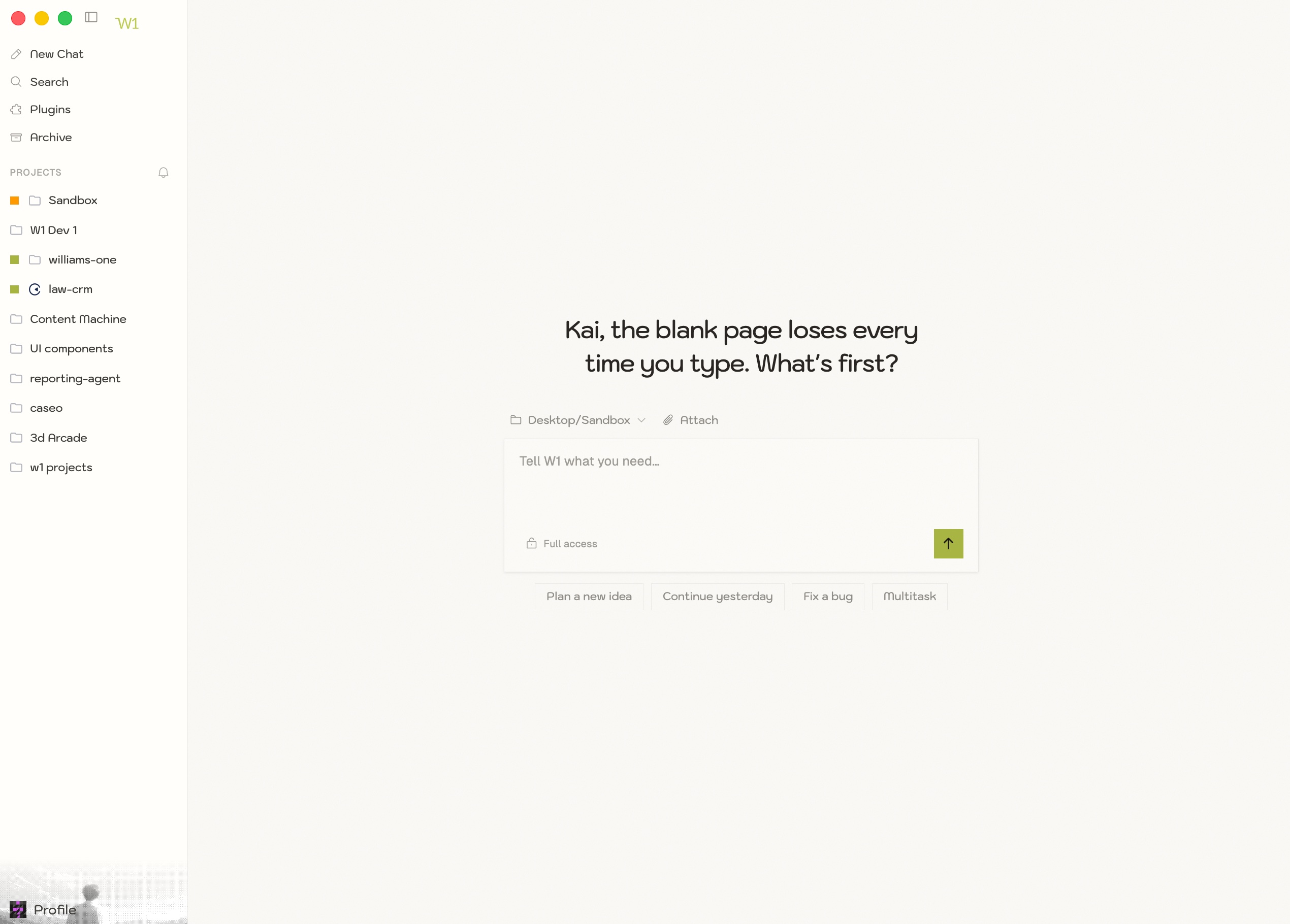 The W1 desktop app: projects in the sidebar, and a prompt box asking what to build next.