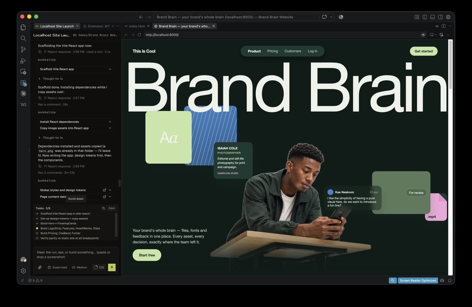 W1 in VS Code: asked for a landing page, it scaffolds the app, installs the dependencies and opens the running site beside the code.