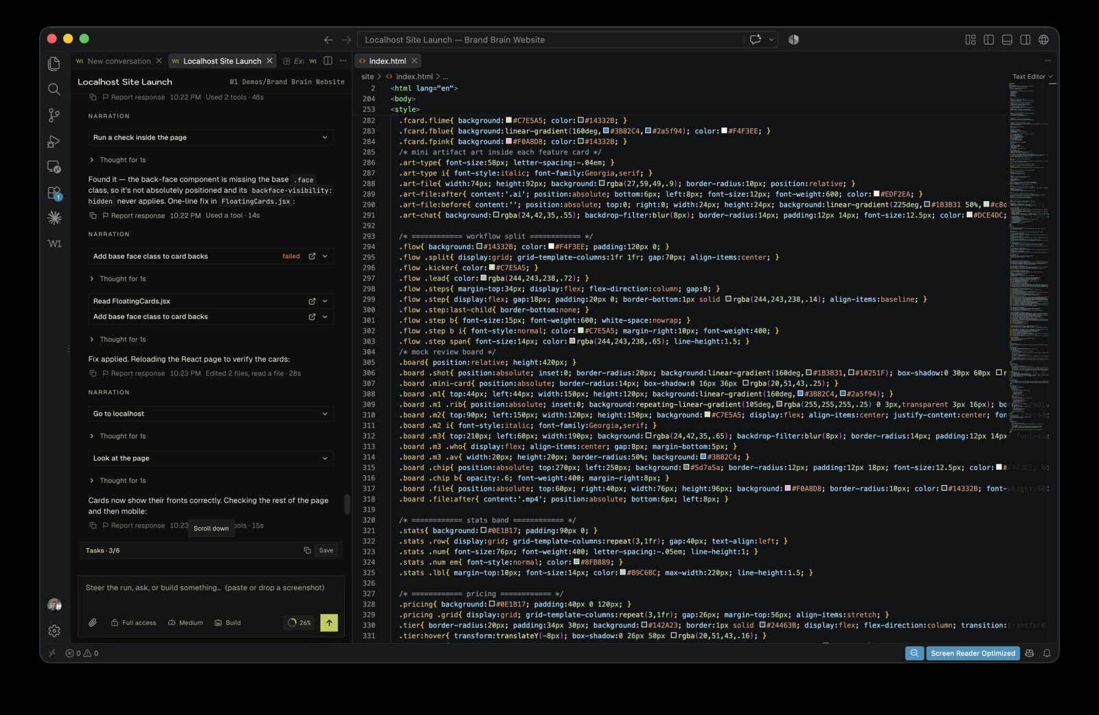 W1 finding a bug it shipped: the cards were missing a base class, so it reads the component, applies a one-line fix and reloads the page to check.
